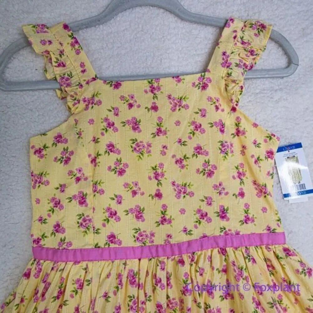 New! Zunie Girl Cotton Floral‎ fit and flare Knee-Length Dress yellow , size L